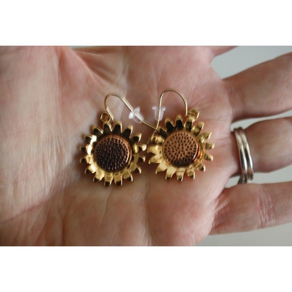 Sunflower Earrings Enamel & Gold Plated Hypoallergenic Boho Dangle Drop - Picture 2 of 4